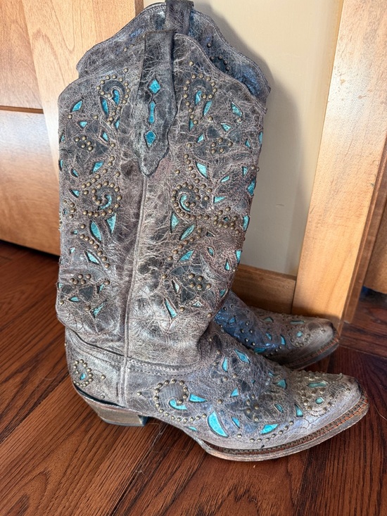 Corral Boots Shoes - Corral Distressed Brown Leather Western Cowboy Boots Turquoise Inlay Women sz 9
